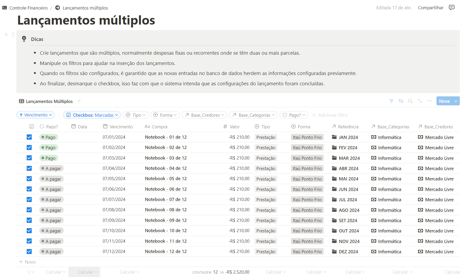 Lançamentos Múltiplos