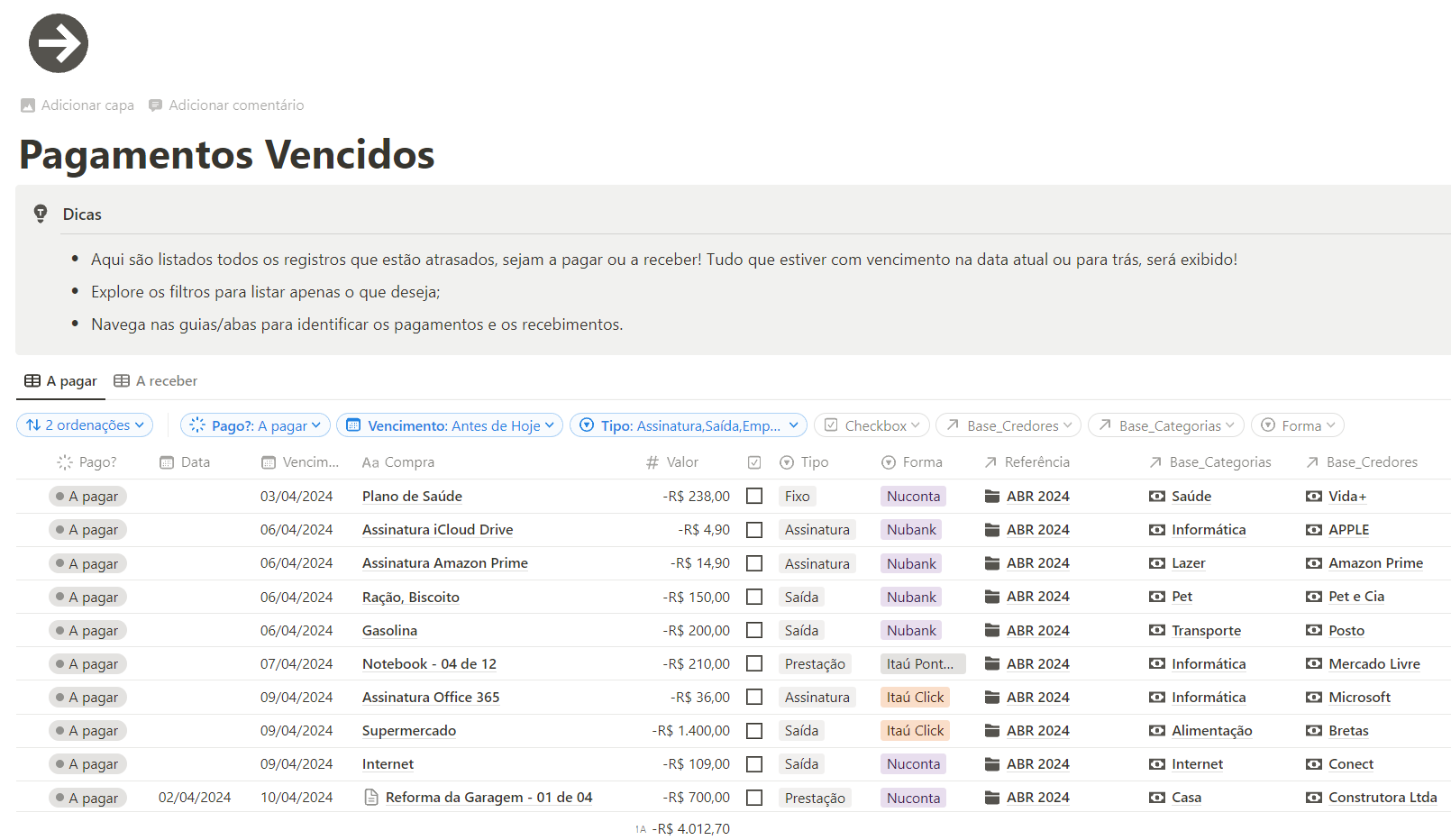 Pagamentos e Recebimentos Atrasados